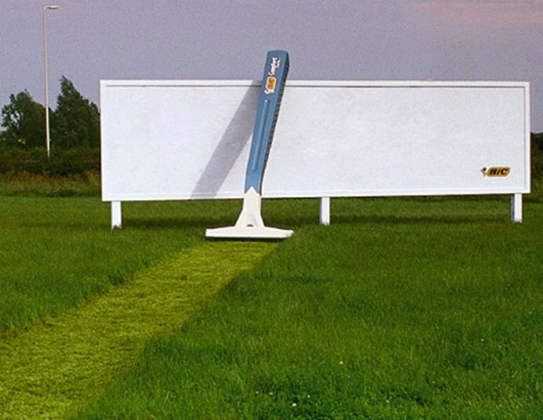 bic razor cuts grass path to billboard