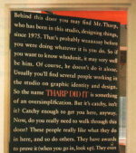 Door covered in advertising copy (top half) | Tharp Did It