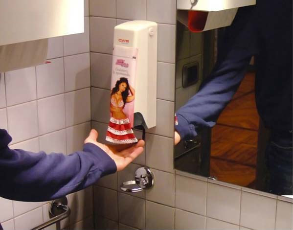 hula girl soap dispenser guerilla marketing in restroom
