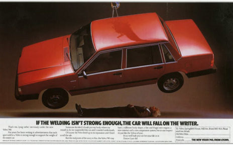 volvo suspended above ad writer
