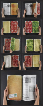 multi page magazine spread showing layers of fresh sandwich ingredients