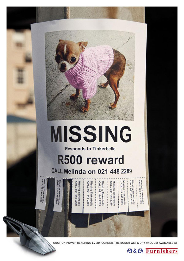 lost dog poster with tear off phone tabs - powerful vacuum print ad campaign