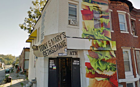 outdoor building mural of deli sandwich for corner grocery