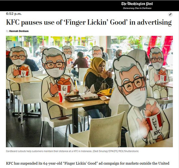 col sanders cutouts maintain social distancing in kfc restaurants