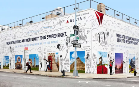 building mural with photos of popular travel destinations | delta airlines