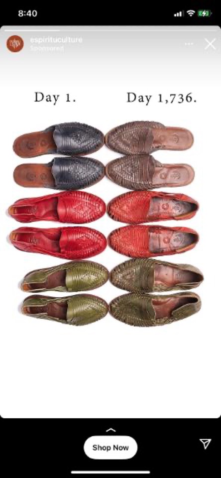 espiritu shoe online ad showing new vs well-worn shoe